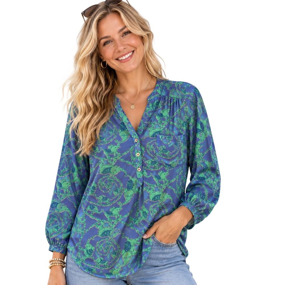 Lilly Pulitzer Delray Top Womens Size Small Loopy Elephants Silk Blouse **FLAW